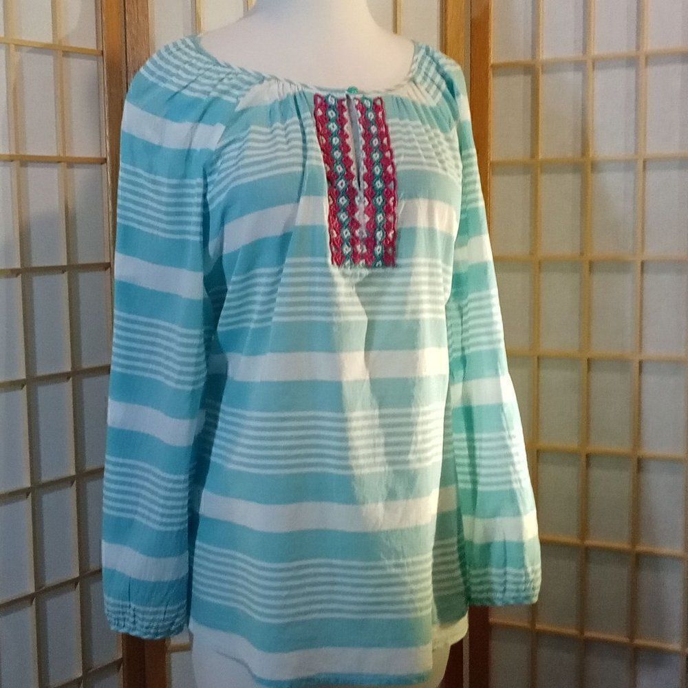 Talbots Striped Embroidered Peasant Blouse Aqua White Women's XL